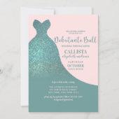 Teal Pink Sparkly Glitter Dress Debutante Dance Invitation (Front)