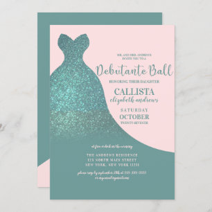 Teal Pink Sparkly Glitter Dress Debutante Dance Invitation