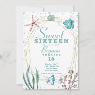 Teal & Pink Under the Sea Whimsical Sweet 16 Party Invitation