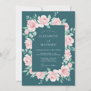 Teal Pink Watercolor Floral Wedding Invitation