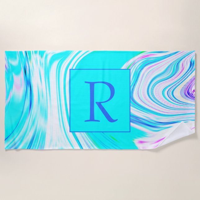 Teal Pink White Abstract Wave Patterns Monogrammed Beach Towel (Front)
