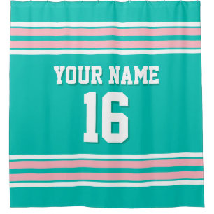 Teal Pink White Stripes Sports Jersey Shower Curtain