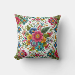 Teal Pink Yellow Colorful Embroidery Style Flowers Throw Pillow