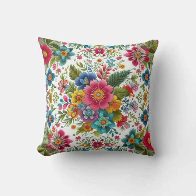 Teal Pink Yellow Colorful Embroidery Style Flowers Throw Pillow (Front)