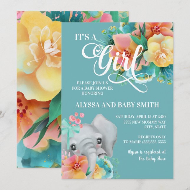 Teal Pink Yellow Floral Elephant Baby Girl Shower Invitation (Front/Back)