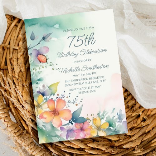 Teal Pink Yellow Pastel Floral 75th Birthday Invitation