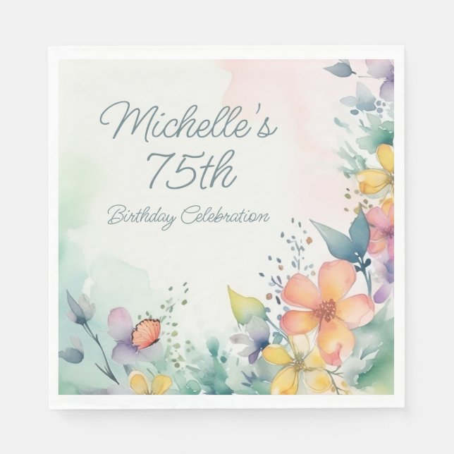 Teal Pink Yellow Pastel Floral 75th Birthday Napkins (Front)