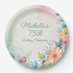 Teal Pink Yellow Pastel Floral 75th Birthday Paper Plates