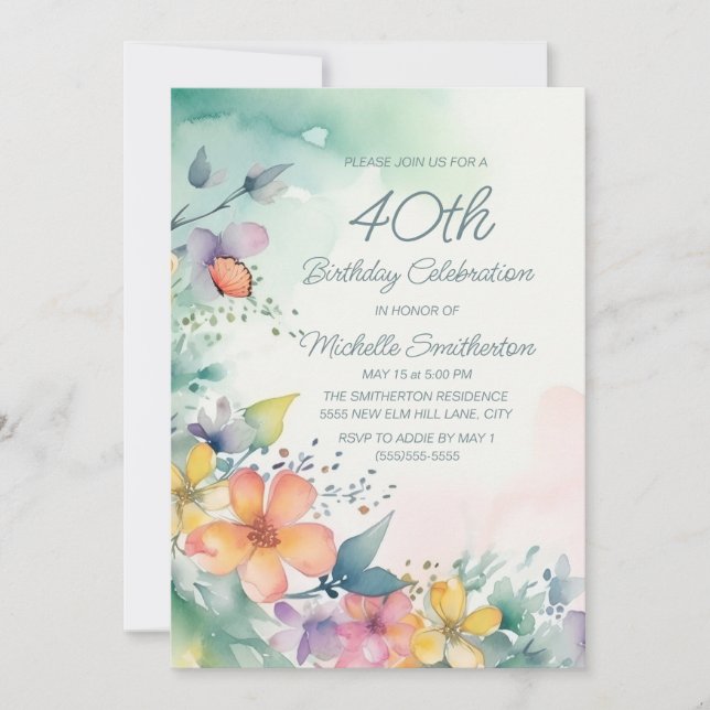 Teal Pink Yellow Pastel Flowers 40th Birthday Invitation (Front)