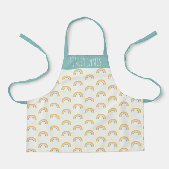 Teal Pink Yellow Rainbow Cute Simple Personalized Apron (Front)