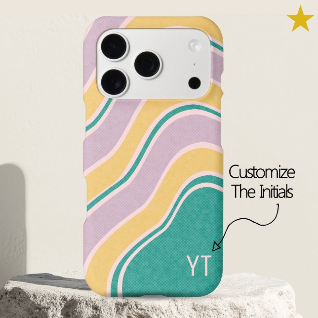 Teal Pink Yellow Retro Wavy Lines Custom Name iPhone Case (Creator Uploaded)