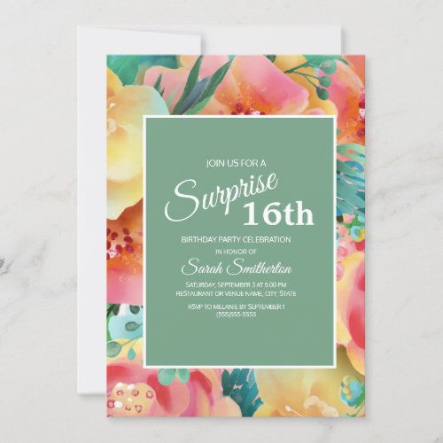 Teal Pink Yellow Watercolor Floral 16th Birthday Invitation