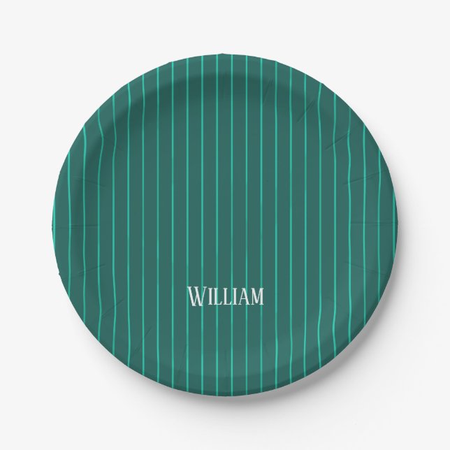 Teal pinstripes paper plates (Front)