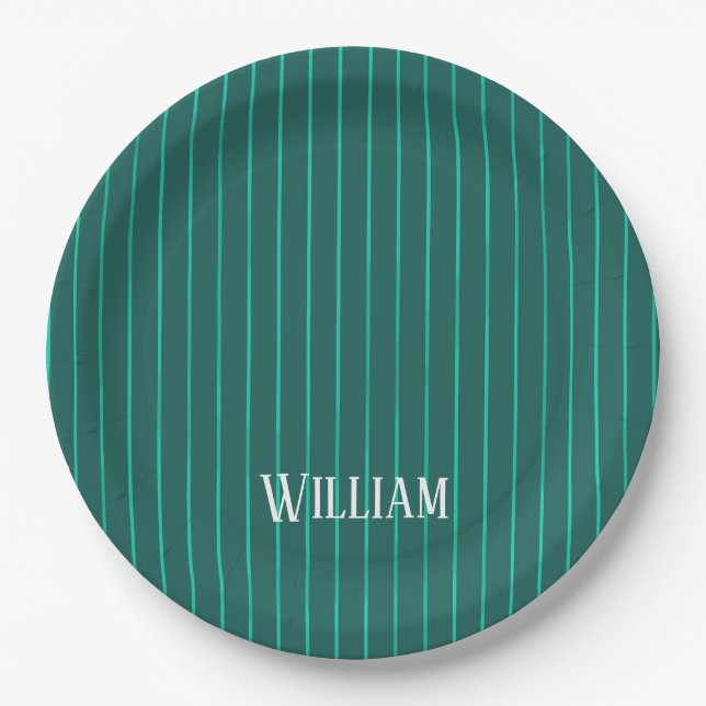 Teal pinstripes paper plates (Front)