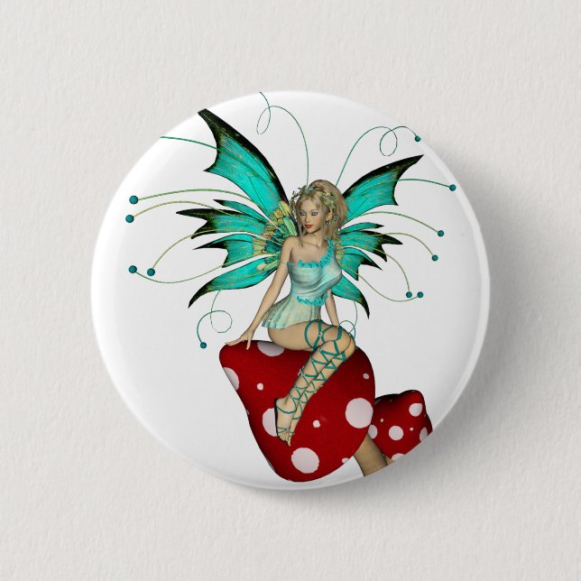 Teal Pixie & Mushrooms 3D Button (Front)