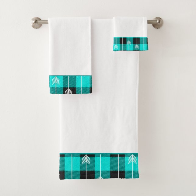Teal plaid and arrows bath towel set (Insitu)