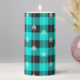 Teal plaid and arrows pillar candle