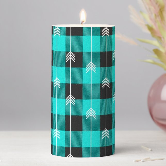 Teal plaid and arrows pillar candle (In Situ)