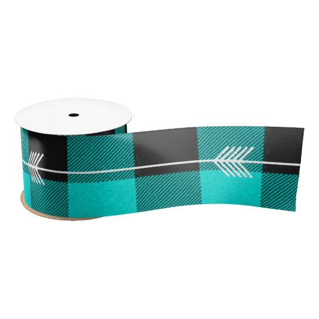 Teal plaid and arrows satin ribbon (Spool)
