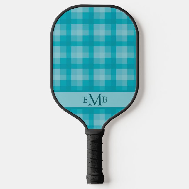 Teal Plaid Custom Monogram Initials Ladies Pickleball Paddle (Front)