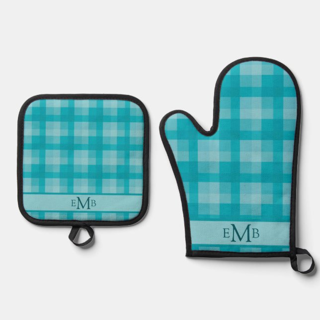 Teal Plaid Custom Monogram Initials Oven Mitt & Pot Holder Set (Front)