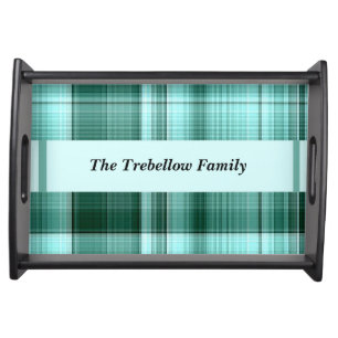 Teal Plaid Design with Family Name Serving Tray
