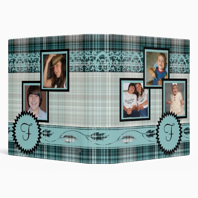 Teal Plaid Family Photograph Monogram Album 3 Ring Binder (Background)