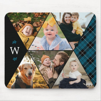 Teal Plaid Geometric Photo Collage Monogram Mouse Pad