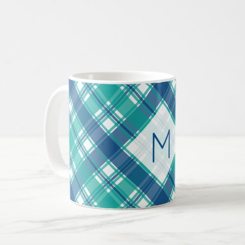 Teal Plaid Monogram Coffee Mug