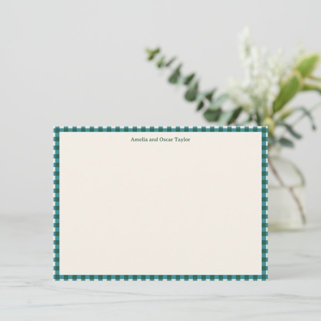 Teal Plaid Personalized Stationery Name Holiday Thank You Card (Standing Front)