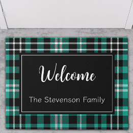 Teal Plaid Welcome Monogrammed Family Name Doormat