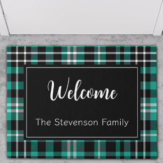 Teal Plaid Welcome Monogrammed Family Name Doormat