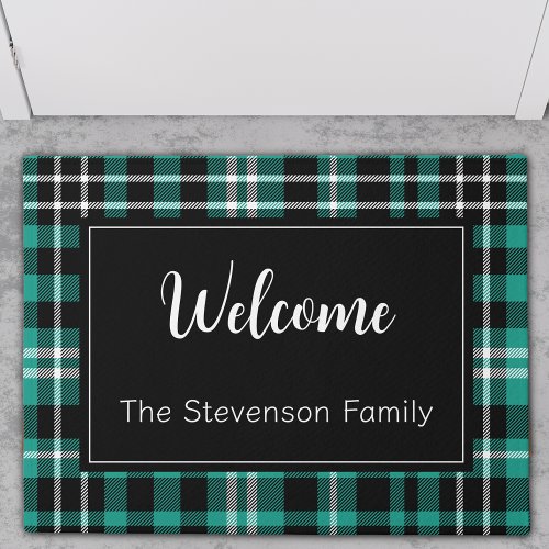 Teal Plaid Welcome Monogrammed Family Name  Doormat