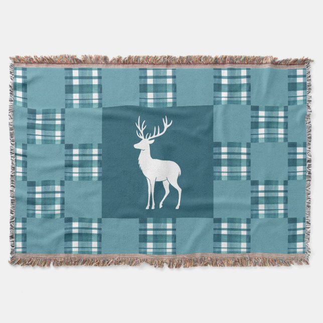 Teal Plaid with White Deer Silhouette Throw Blanket (Front)