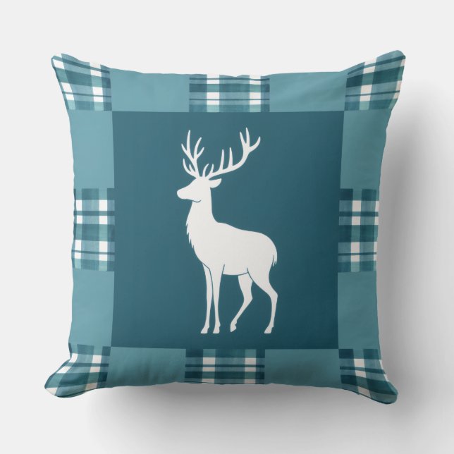 Teal Plaid with White Deer Silhouette Throw Pillow (Front)