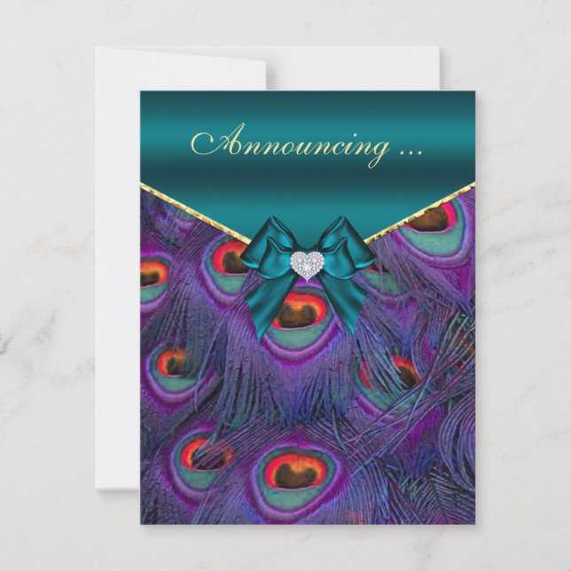 Teal Plum Peacock Engagement  Announcement (Front)