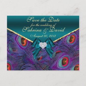 Teal Plum Peacock Save The Date Postcard by Wedding_Trends at Zazzle