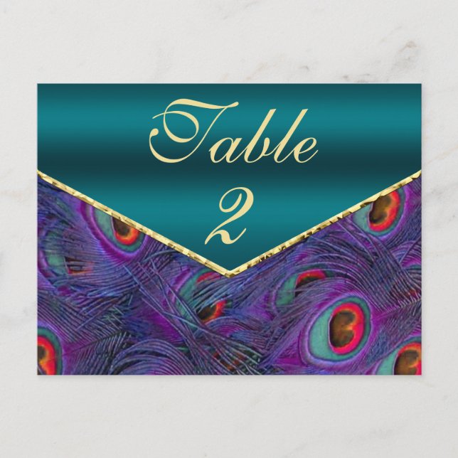 Teal Plum Peacock Table Number Card (Front)