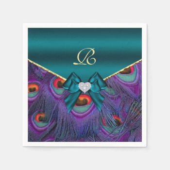 Teal Plum Peacock Wedding Paper Party Napkins by Wedding_Trends at Zazzle