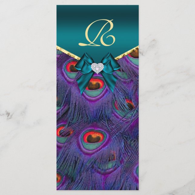 Teal Plum Peacock Wedding Program Rack Card (Front)