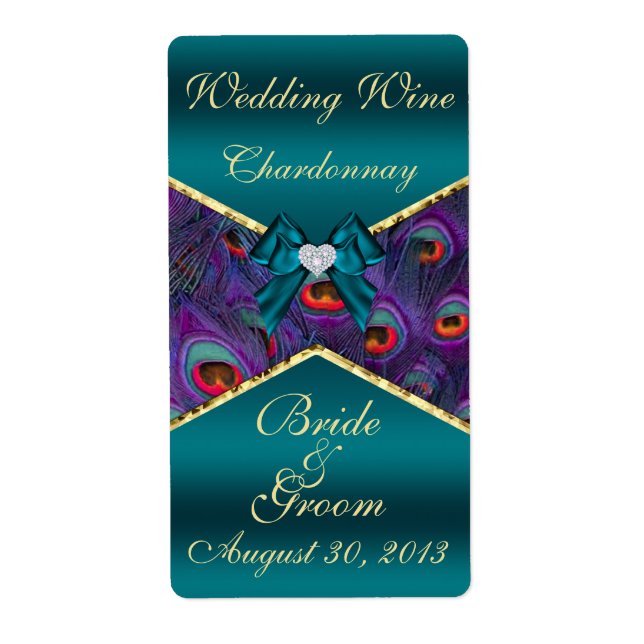 Teal Plum Peacock  Wedding Wine Label (Front)