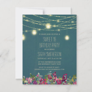 Teal Plum Purple Floral String Lights Sweet 16 Invitation