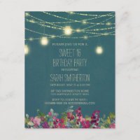 Teal Plum Purple Floral String Lights Sweet 16 Invitation