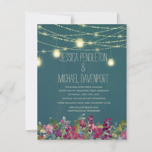 Teal Plum Purple Floral String Lights Wedding Invitation