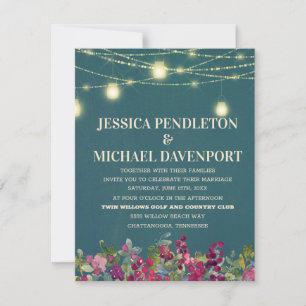 Teal Plum Purple Floral String Lights Wedding Invitation