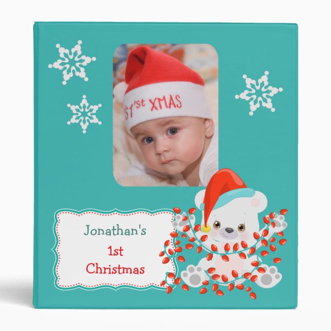 Teal Polar Bear 1st Christmas Photo Template 3 Ring Binder (Front)