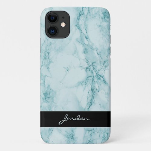 Teal Polished Marble Stone with Name iPhone 11 Case