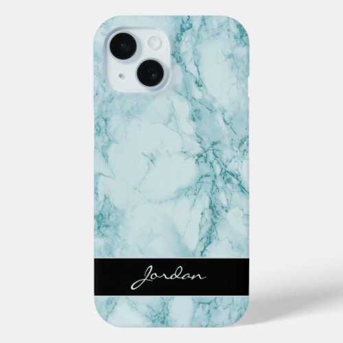 Teal Polished Marble Stone with Name iPhone 15 Case