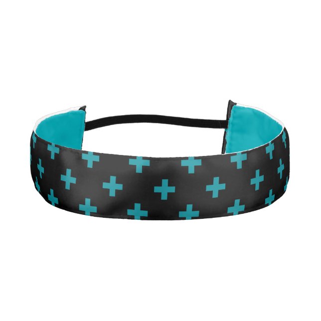 Teal polka crosses on black athletic headband (Front)
