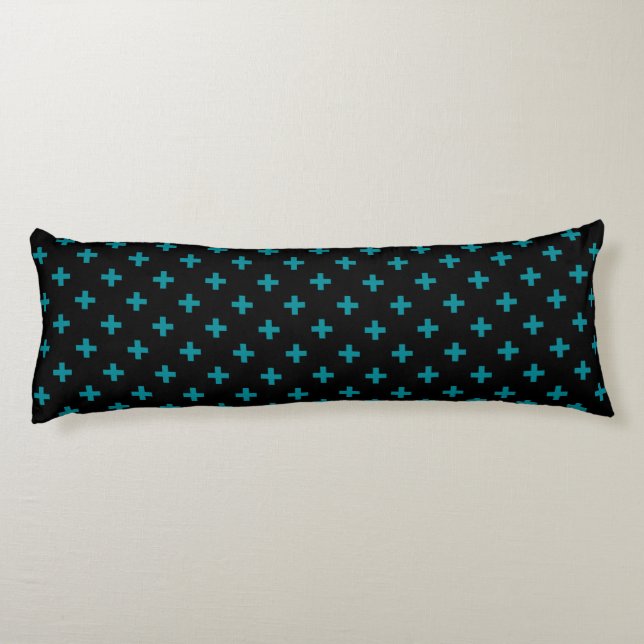 Teal polka crosses on black body pillow (Back)